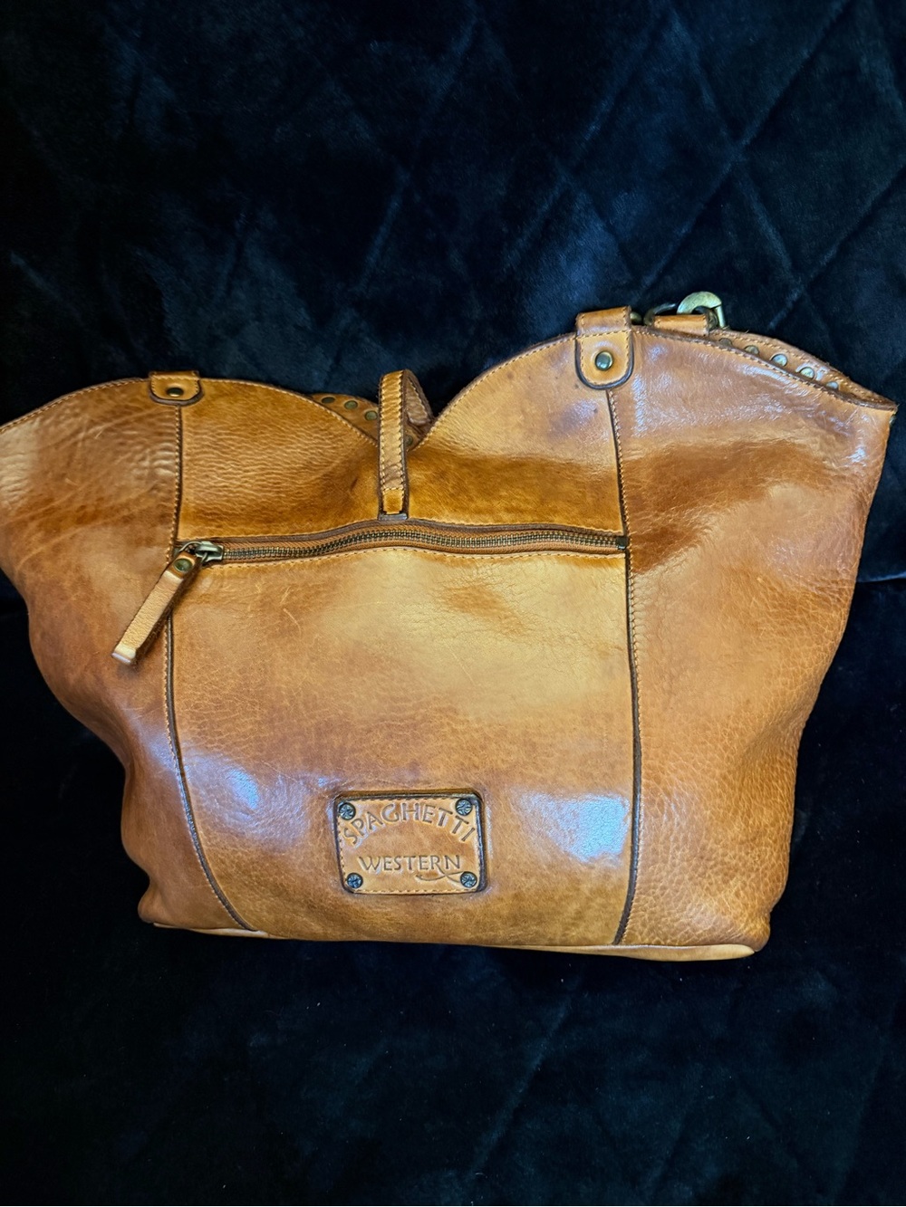 Studded Tan Leather Shoulder Bag with Antiqued Hardware - Picture 3 of 9